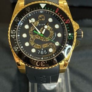 Men's Gucci Dive Gold-Tone Stainless Steel and Black Snake Watch YA136219